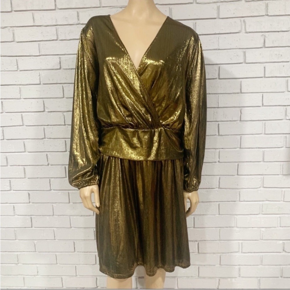 Michael Kors Gold Metallic Pleated Wrap V-Neck Holiday Dress 2X NWT
